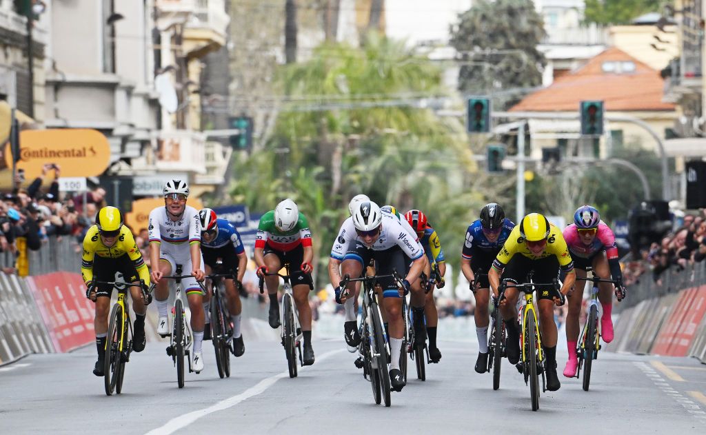 SANREMO ITALY MARCH 22 LR Pauline FerrandPrevot of France and Team Visma Lease a Bike Lotte Kopecky of Belgium and Team SD Worx Protime race winner Lorena Wiebes of Netherlands and Team SD Worx Protime Demi Vollering of Netherlands and Team FDJ SUEZ and Marianne Vos of Netherlands and Team Visma Lease a Bike sprint at finish line during the 1st Sanremo Women 2025 a 156km one day race from Genova to Sanremo UCIWWT on March 22 2025 in Sanremo Italy Photo by Tim de WaeleGetty Images
