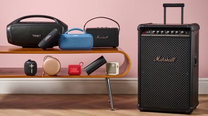 An array of Bluetooth speakers on table