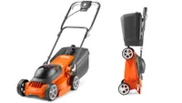 Flymo EasiStore 300R Li cordless lawn mower in orange