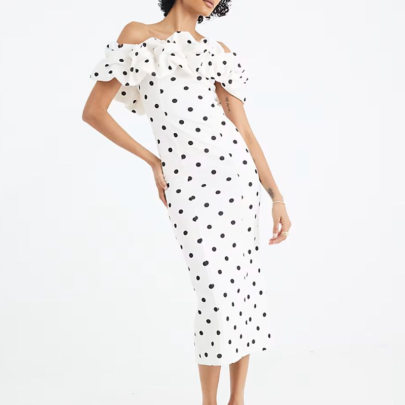 River Island , Cream Polka Dot Ruffle Bardot Midi Dress