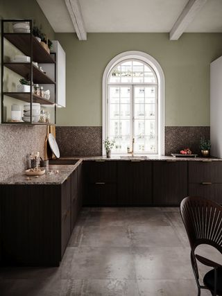 Kitchen with L-shape and large arch window