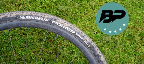Michelin Power Gravel tire with a Bike Perfect 5 star review badge