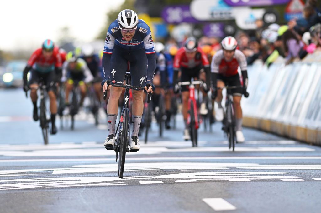 OVERIJSE BELGIUM APRIL 12 Remi Cavagna of France and Team Soudal Quick Step crosses the finish line during the 63rd De Brabantse Pijl La Fleche Brabanconne 2023 Mens Elite a 2051km one day race from Leuven to Overijse on April 12 2023 in Overijse Belgium Photo by Luc ClaessenGetty Images