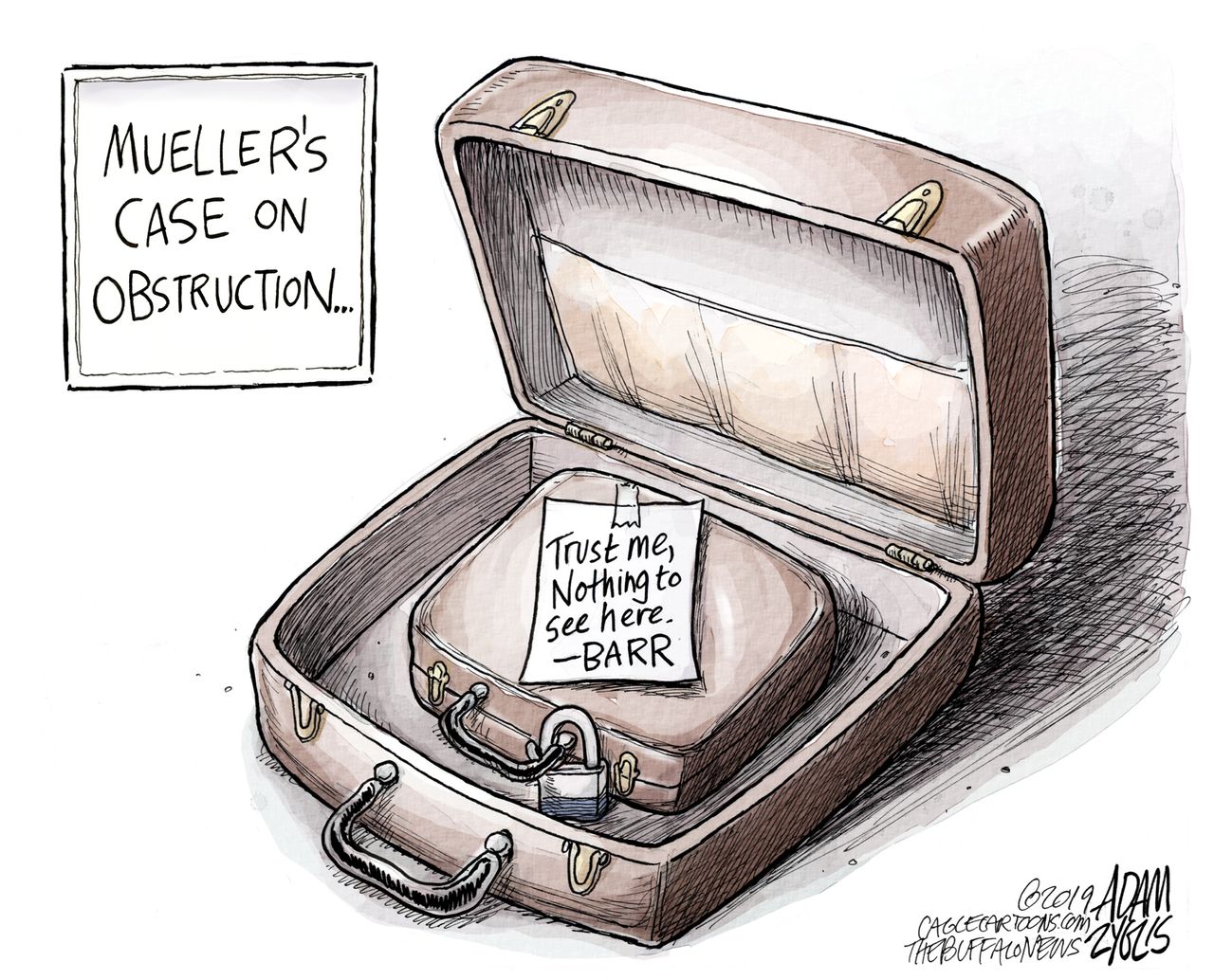 Political Cartoon U.S. Mueller Report William Barr obstruction of justice