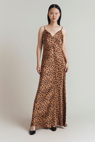 Vestido maxi slip de cetim com estampa de leopardo Eden