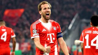 Harry Kane of FC Bayern Munich celebrates scoring his team's second goal during the UEFA Champions League 2025/26 Round of 16 Second Leg match between FC Bayern M&uuml;nchen and Atalanta BC at Football Arena Munich on March 18, 2026 in Munich, Germany. 