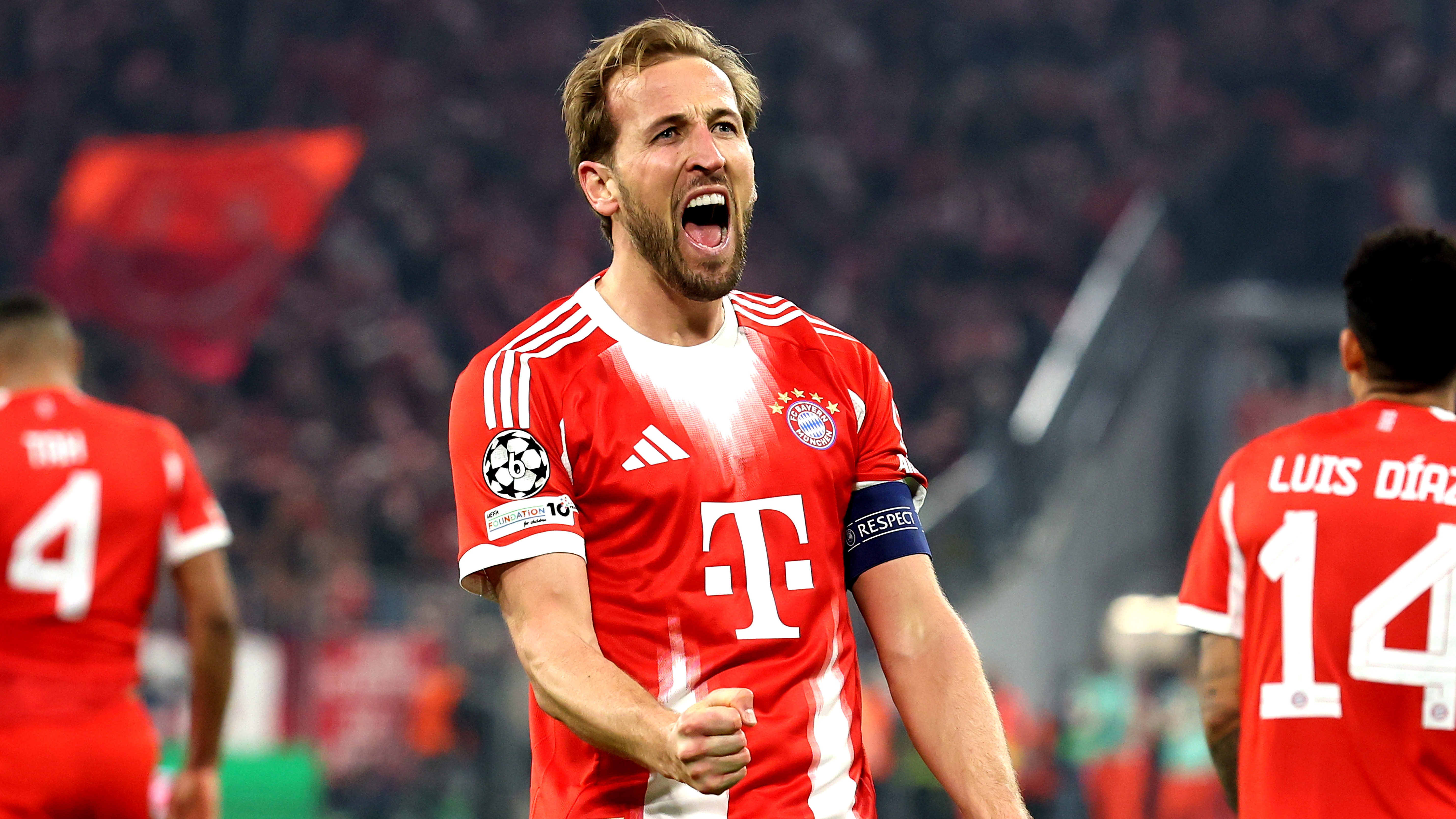 Harry Kane of FC Bayern Munich celebrates scoring his team's second goal during the UEFA Champions League 2025/26 Round of 16 Second Leg match between FC Bayern M&uuml;nchen and Atalanta BC at Football Arena Munich on March 18, 2026 in Munich, Germany. 