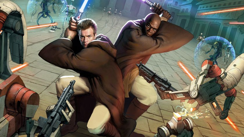 Obi Wan Kenobi and Mace Windu fighting B1 battle droids in Jedi Power Battles.