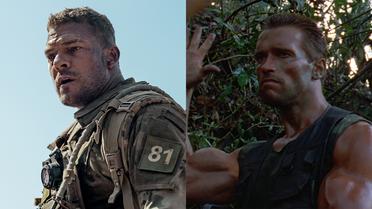 Alan Ritchson in War Machine and Arnold Schwarzenegger in Predator