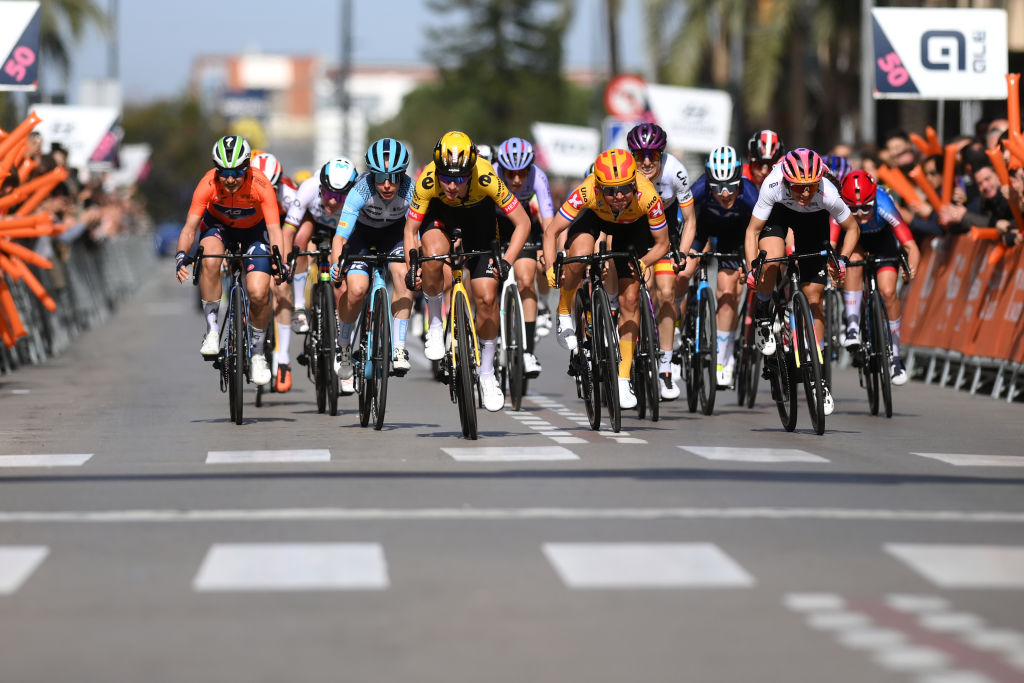 GANDIA SPAIN FEBRUARY 19 LR Ashleigh Moolman of South Africa and Team AG Insurance Soudal QuickStep Orange Leader Jersey Amanda Spratt of Australia and Team Trek Segafredo Karlijn Swinkels of The Netherlands and Team JumboVisma Anouska Koster of The Netherlands and UnoX Pro Cycling Team and Eleonora Camilla Gasparrini of Italy and UAE Team ADQ White Best Young Rider Jersey during the 7th Setmana Ciclista Volta Comunitat Valenciana Femines 2023 Stage 4 a 113km stage from Tavernes de la Valldigna to Gandia SetmanaCiclista23 on February 19 2023 in Tavernes de la Gandia Spain Photo by Alex BroadwayGetty Images