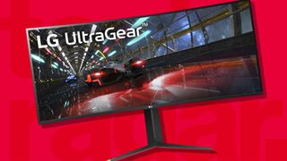 One of the best ultrawide monitor against a red TechRadar background