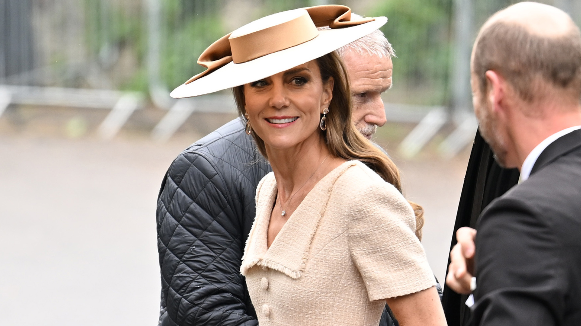 Catherine, Princess of Wales and Prince William, Prince of Wales arrive for the Royal wedding of Peter Phillips and Harriet Sperling at All Saints Church on June 06, 2026 in Kemble, England