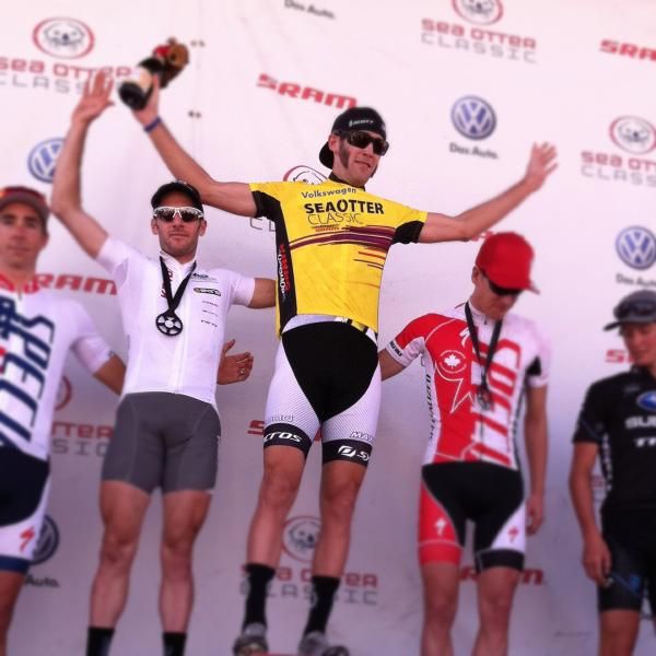 Elite men's Sea Otter cross country podium topped by Geoff Kabush (Scott-3Rox Racing)