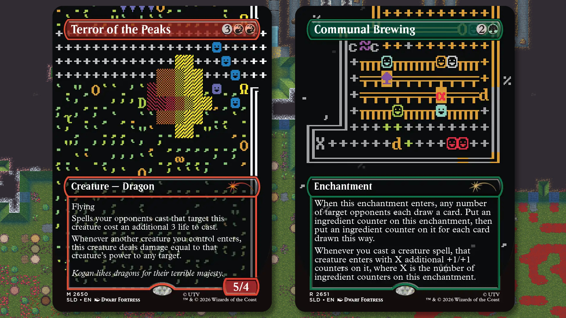 A pair of Secret Lair x Dwarf Fortress: Create New World cards.