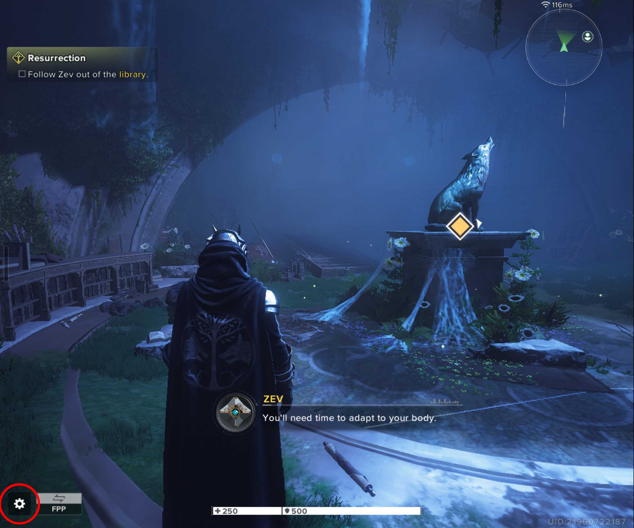 Destiny: Rising codes - Gameplay of a Guardian standing in a dark cave, with a red circle highlighting a cog icon in the bottom left corner.