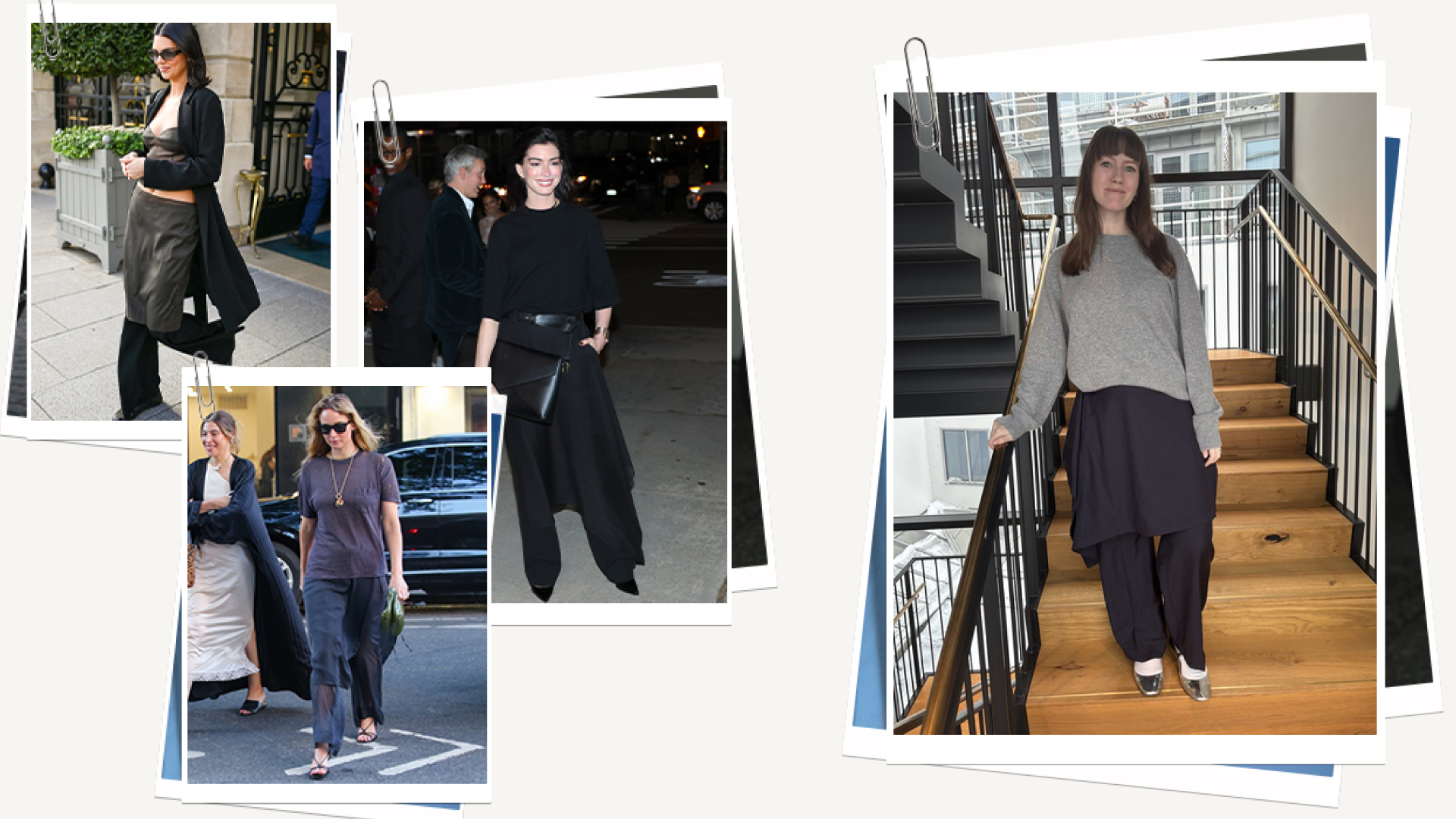 a collage of celebrities and Marie Claire editor Halie LeSavage wearing the skirt over pants trend in street style