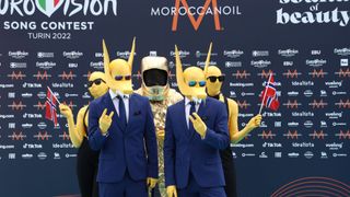 How to watch Eurovision 2022 - Norway's Eurovision 2022 representatives, Subwoolfer, pose on the turquoise carpet on May 8, 2022.