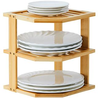 Apicizon Kitchen Corner Shelf, Plate Organizer for Cabinet, Bambo Corner Cabinet Shelf 3 Tier Kitchen Pantry Wall Mount Kitchen Storage Shelves Organizer, Natural