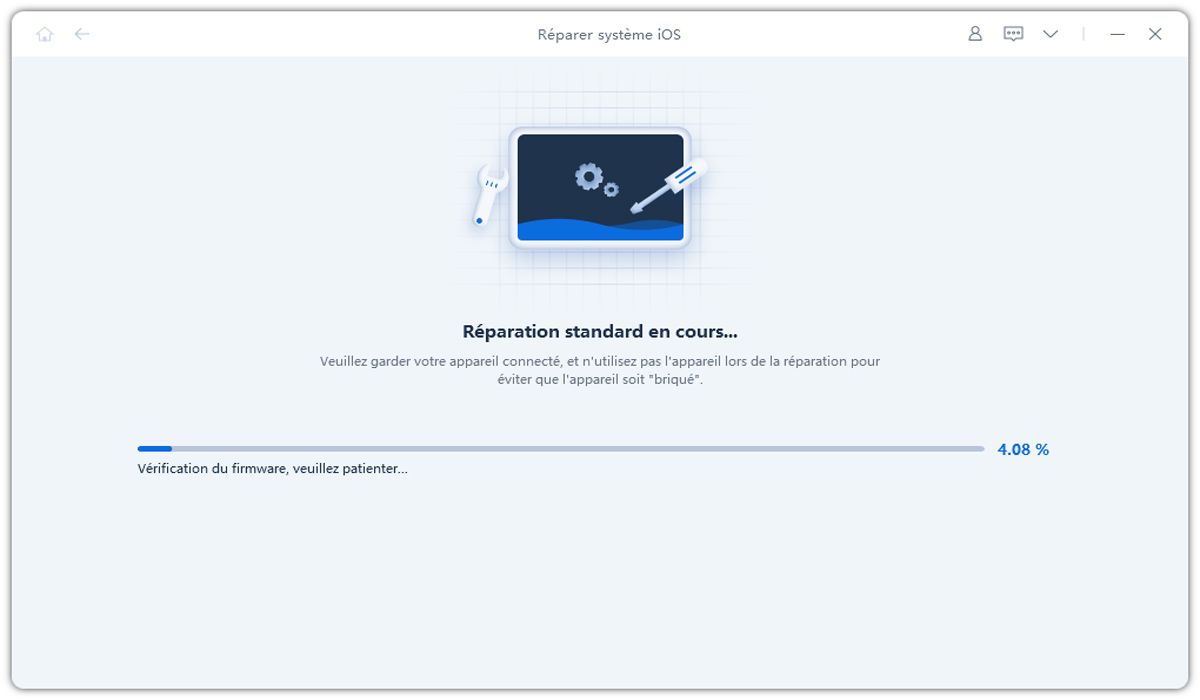 Cliquez sur &laquo; Lancer la r&eacute;paration standard &raquo; pour commencer la r&eacute;paration du syst&egrave;me iOS