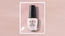 A product shot of OPI's Baby, Take a Vow Nail Polish, pictured on a pink, glossy background (to reflect the colour of the polish) and featured in a pink template