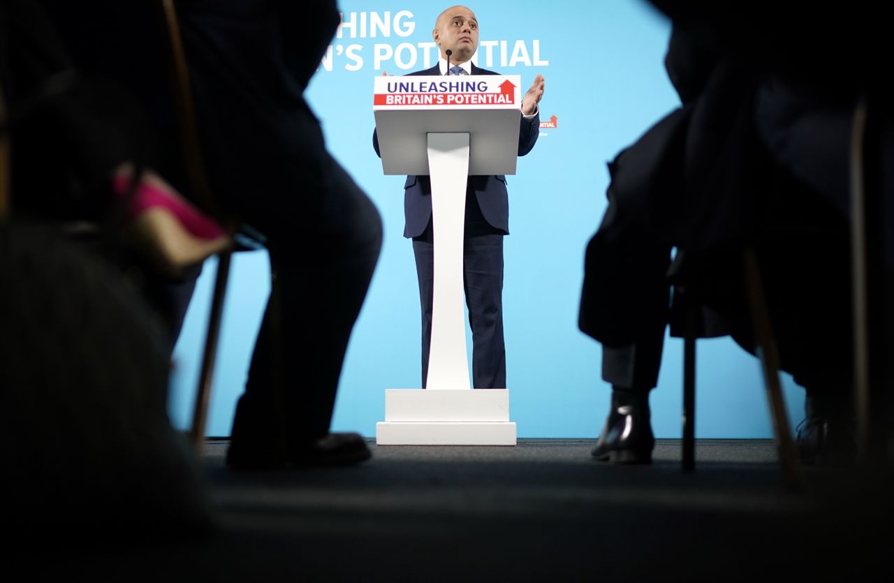 MANCHESTER, ENGLAND - NOVEMBER 07: Sajid Javid delivers a speech on the Conservative Party&amp;#039;s plans for the economy at the Airport Runway Visitor Park at Manchester Airport on November 7, 2019