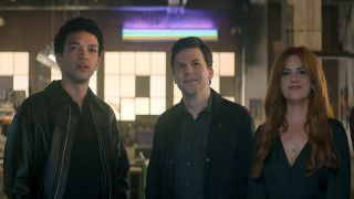 From left to right: Justice Smith looking in awe, Jesse Eisenberg smiling and Isla Fisher smiling in Now You See Me: Now You Don't. 