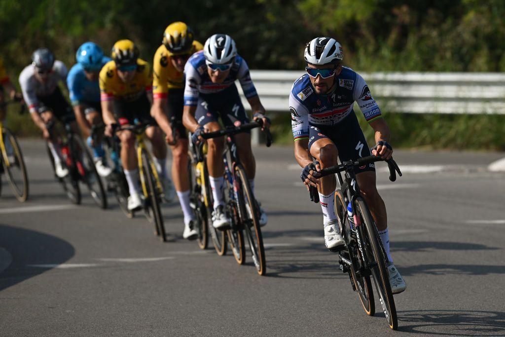LEGNANO ITALY OCTOBER 02 Julian Alaphilippe of France and Team Soudal Quick Step competes in the breakaway during the 104th Coppa Bernocchi GP Banco BPM a 18665km one day race from Parabiago to Legnano on October 02 2023 in Legnano Italy Photo by Dario BelingheriGetty Images