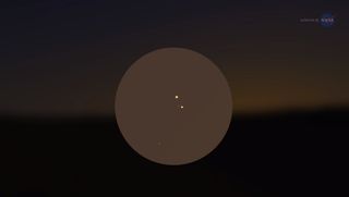 A preview of Venus and Jupiter during an extremely close encounter, which will take place just after sunset on Aug. 27, 2016. 