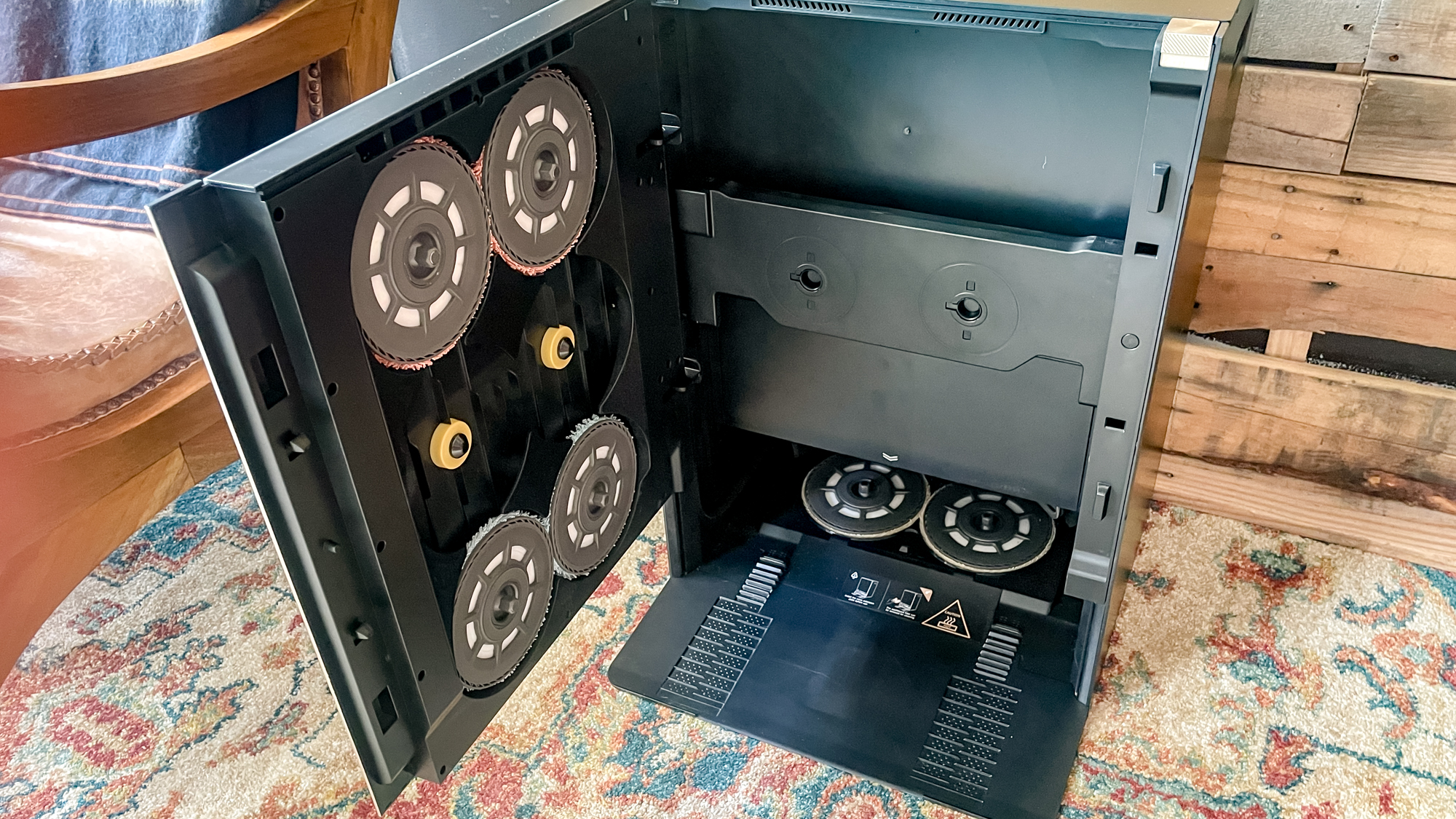Inside of the Mova Mobius 60 robot vacuum base station