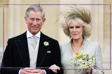 a close up of King Charles and Camilla on their wedding day
