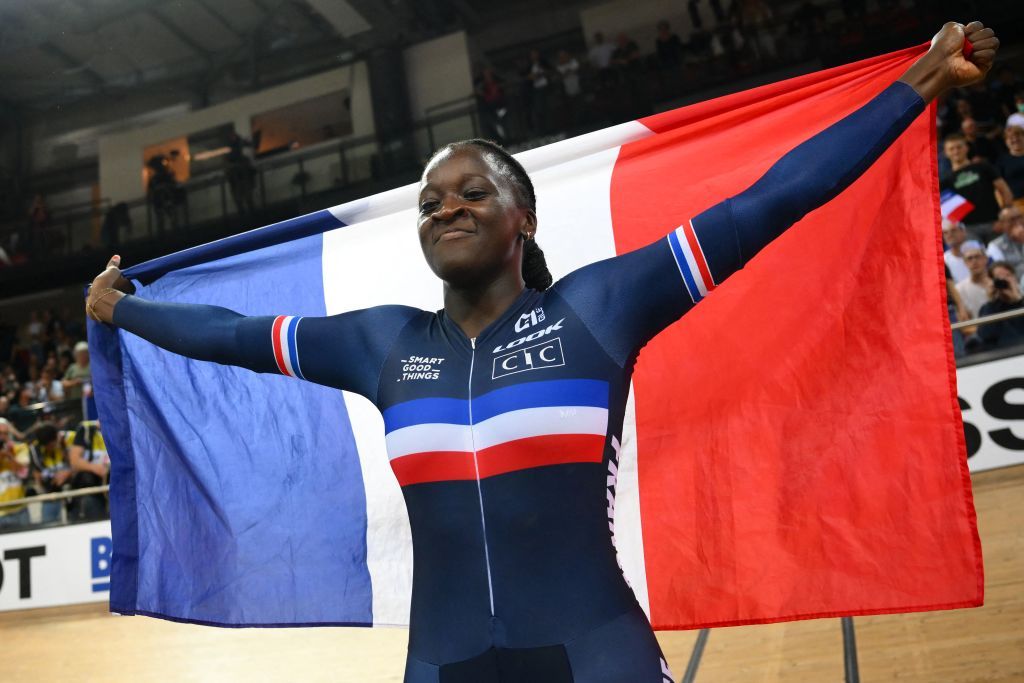 Frances Taky Marie Divine Kouame celebrates her victory after winning the Womens 500m time trial final during the UCI Track Cycling World Championships at the Velodrome of SaintQuentinenYvelines southwest of Paris on October 15 2022 Photo by AnneChristine POUJOULAT AFP Photo by ANNECHRISTINE POUJOULATAFP via Getty Images