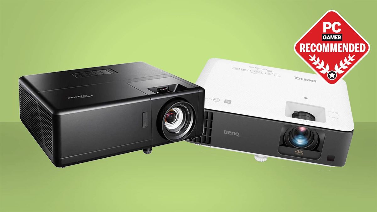 BenQ TK700STi and Optoma UHZ55 gaming projectors on a colourful background with PC Gamer Recommended logo