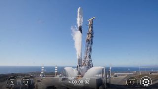 A SpaceX Falcon 9 rocket launches 21 satellites for the U.S. Space Development Agency from Vandenberg Space Force Base on Oct. 15, 2025.