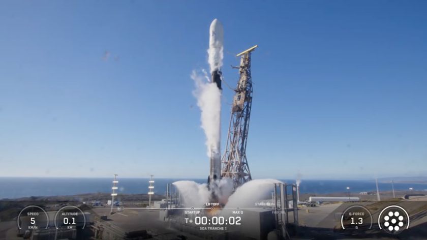 A SpaceX Falcon 9 rocket launches 21 satellites for the U.S. Space Development Agency from Vandenberg Space Force Base on Oct. 15, 2025.