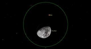 An illustration of the night sky on Jan. 30 depicting Mars approaching the dark limb of the moon.