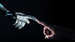 Robot hand making contact with human hand on dark background 3D rendering