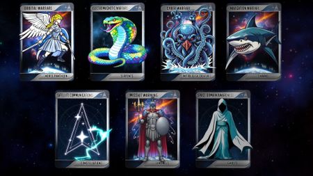 seven playing cards depicting mythological characters and animals from the natural world