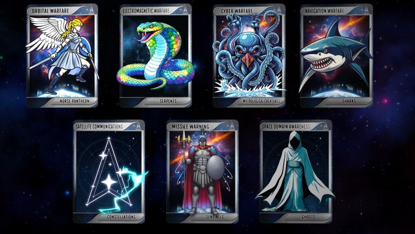 seven playing cards depicting mythological characters and animals from the natural world