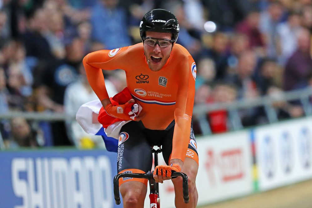 Jan-Willem van Schip of the Netherlands celebrates winning the gold medal in the Men's Points Race Final