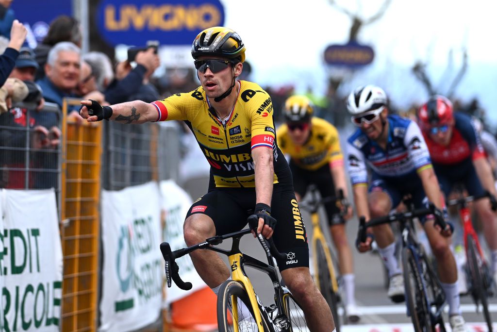 TORTORETO ITALY MARCH 09 Primoz Roglic of Slovenia and Team Jumbo Visma celebrates at finish line as stage winner during the 58th TirrenoAdriatico 2023 Stage 4 a 218km stage from Greccio to Tortoreto 229m UCIWT TirrenoAdriatico on March 09 2023 in Tortoreto Italy Photo by Tim de WaeleGetty Images