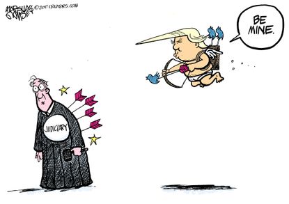 Political Cartoon U.S. President Trump Valentine's Day Cupid strikes judges