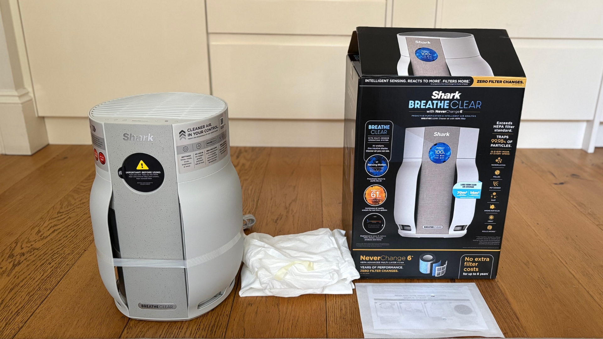 Testing the Shark BreatheClear with NeverChange6 Air Purifier by showing the box and packaging