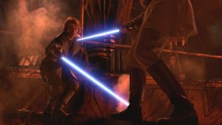 Anakin Skywalker and Obi-Wan Kenobi lightsaber dueling in Star Wars: Revenge of the Sith