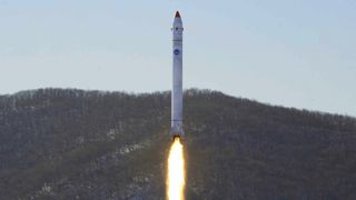 An image released by North Korean state news of a flight test of a satellite launch vehicle.