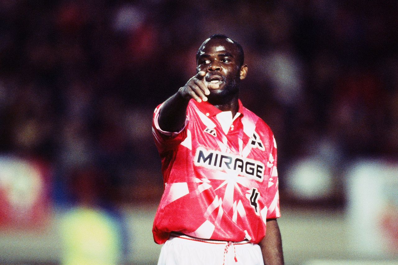 Basile Boli gestures while playing for Urawa Red Diamonds, 1996