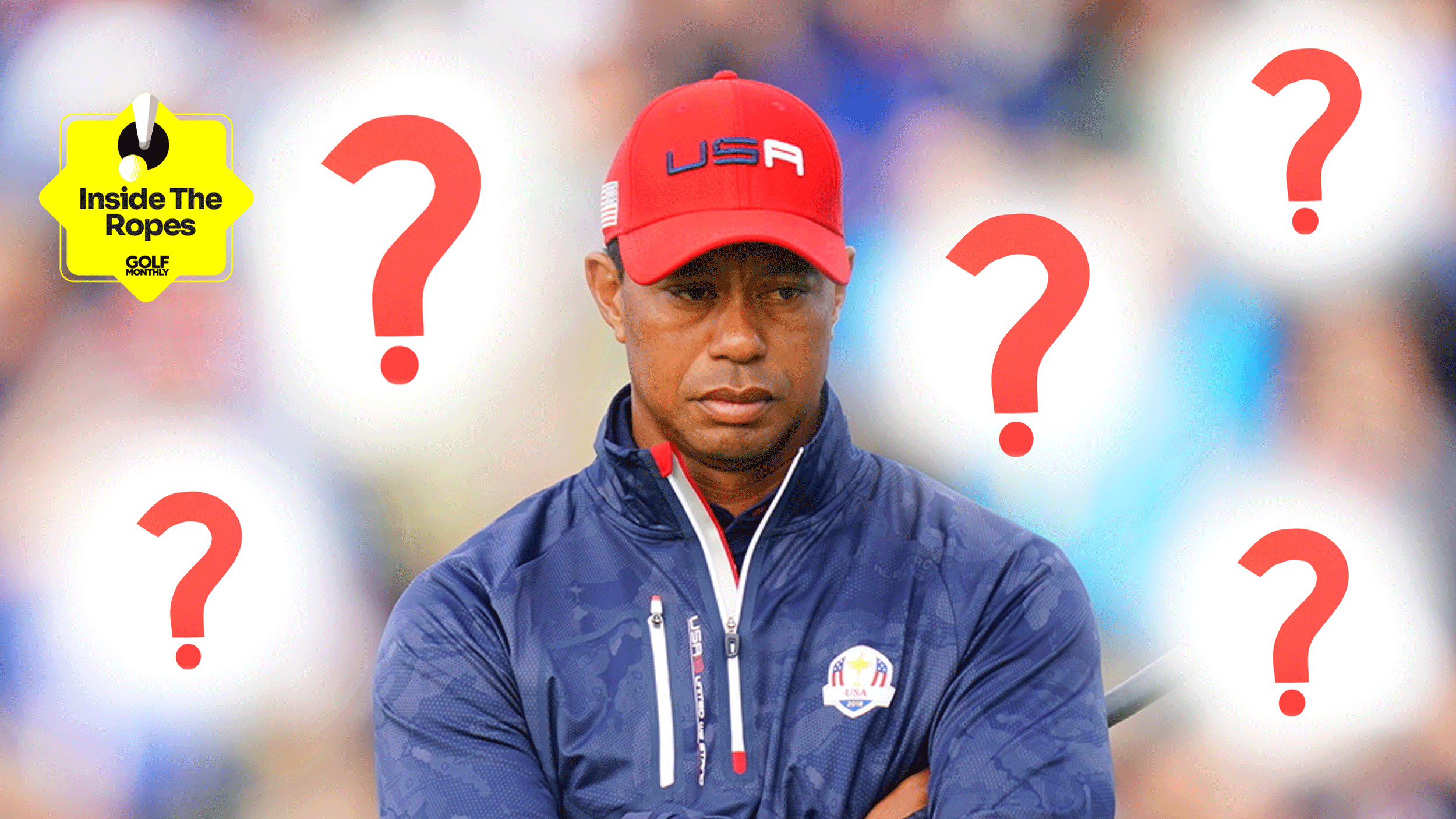 Tiger Woods appears pensive while wearing Ryder Cup gear in 2018 with five question marks dotted around him and the Inside The Ropes sticker in the top left