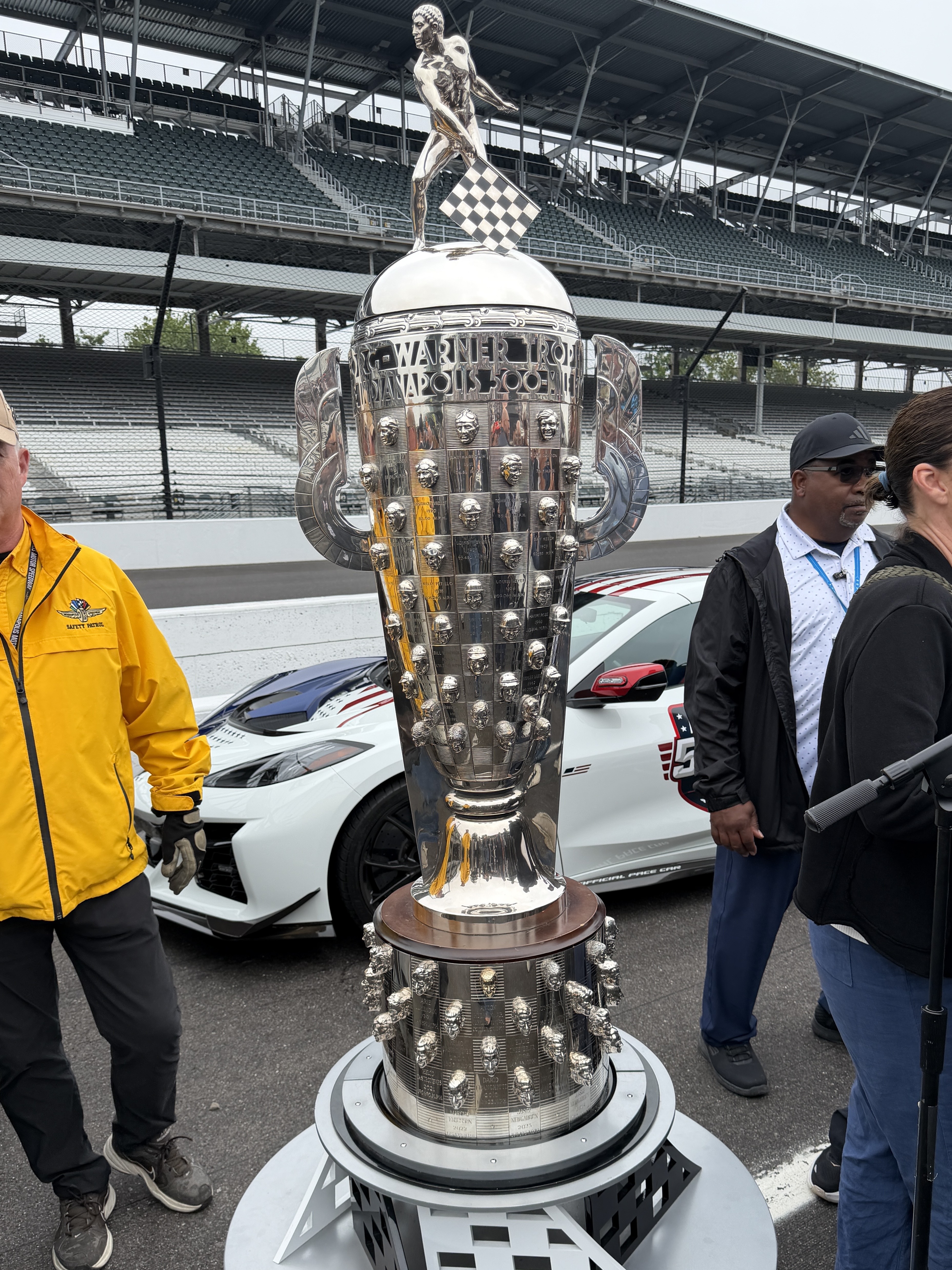 A photo of the Indy 500 trophy.