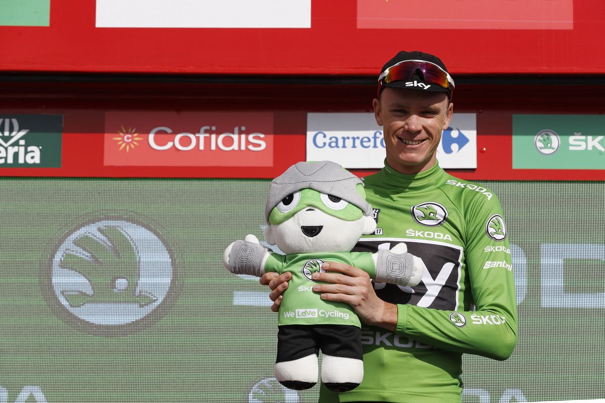 Chris Froome on the podium after stage 15 of the Vuelta a Espa&ntilde;a