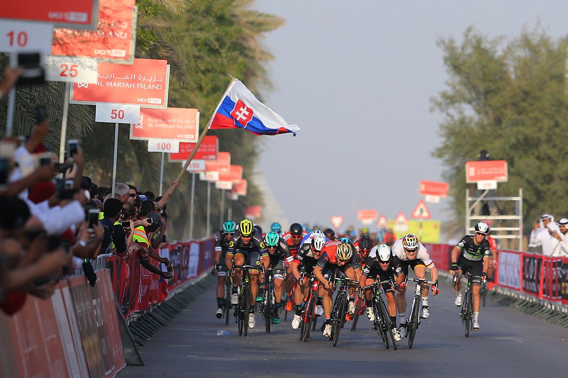 The sprinters at full tilt in the finale of stage 1 of the Abu Dhabi Tour