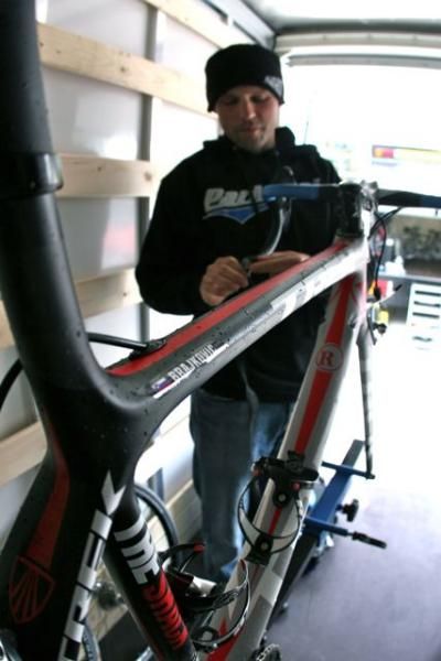 Jani Brajkovic's bike gets some attention from the team mechanic